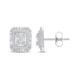 Baguette & Round-Cut Diamond Octagon Halo Stud Earrings 1/2 ct tw 10K White Gold