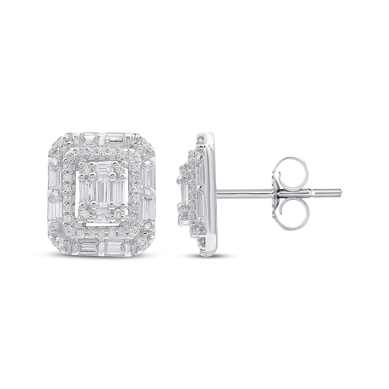 Main Image 1 of Baguette & Round-Cut Diamond Octagon Halo Stud Earrings 1/2 ct tw 10K White Gold