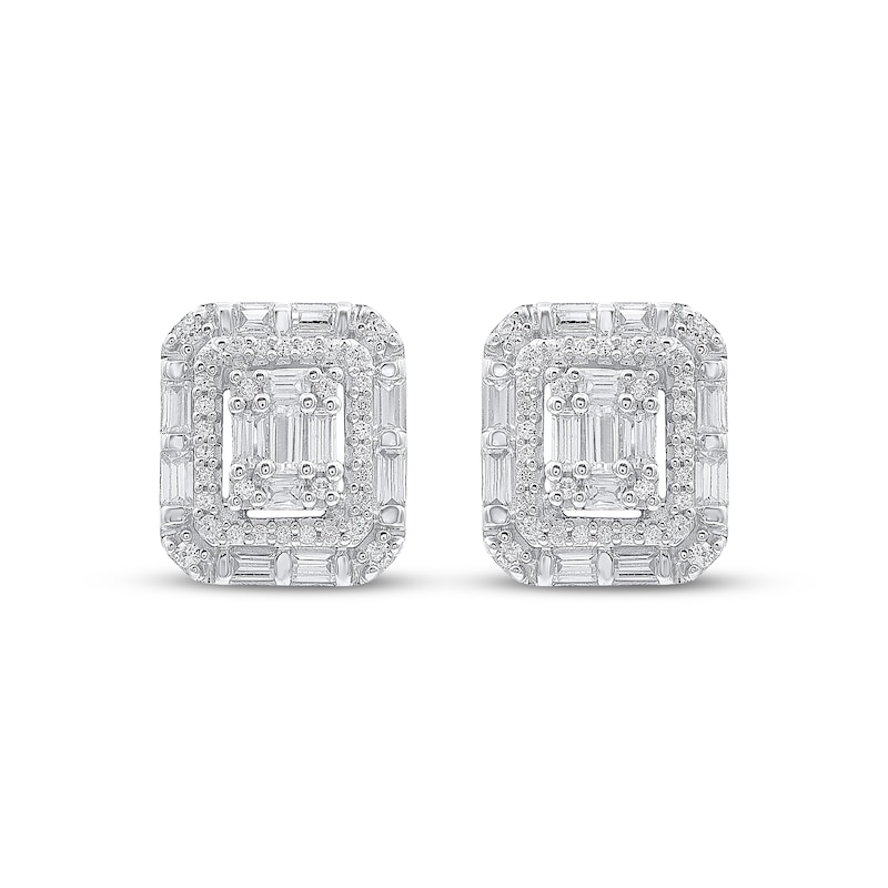 Main Image 2 of Baguette & Round-Cut Diamond Octagon Halo Stud Earrings 1/2 ct tw 10K White Gold