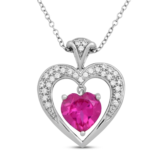 Heart-Shaped Lab-Created Pink Sapphire & White Lab-Created Sapphire Heart Dangle Necklace Sterling Silver 18"