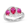 Thumbnail Image 1 of Oval-Cut Lab-Created Ruby & White Lab-Created Sapphire Three-Stone Bypass Ring Sterling Silver