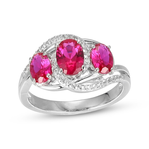 Oval-Cut Lab-Created Ruby & White Lab-Created Sapphire Three-Stone Bypass Ring Sterling Silver