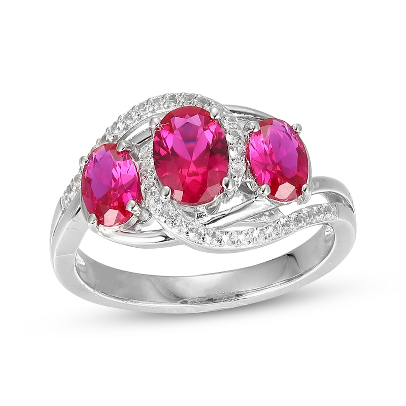 Main Image 1 of Oval-Cut Lab-Created Ruby & White Lab-Created Sapphire Three-Stone Bypass Ring Sterling Silver