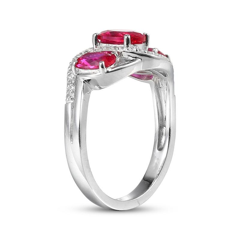 Main Image 2 of Oval-Cut Lab-Created Ruby & White Lab-Created Sapphire Three-Stone Bypass Ring Sterling Silver