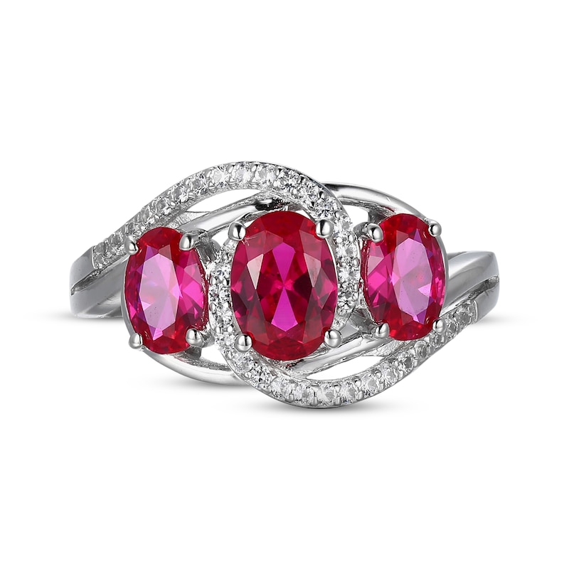 Main Image 3 of Oval-Cut Lab-Created Ruby & White Lab-Created Sapphire Three-Stone Bypass Ring Sterling Silver