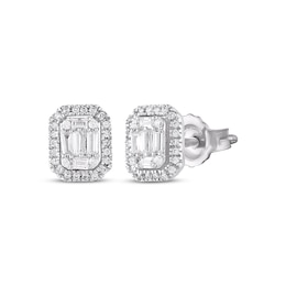 Baguette & Round-Cut Multi-Diamond Octagon Frame Stud Earrings 1/4 ct tw 10K White Gold