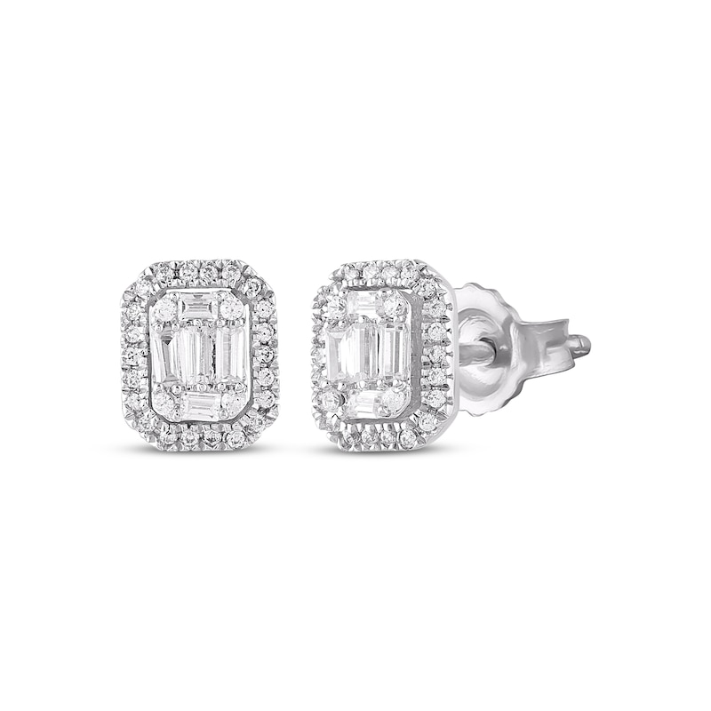 Main Image 1 of Baguette & Round-Cut Multi-Diamond Octagon Frame Stud Earrings 1/4 ct tw 10K White Gold