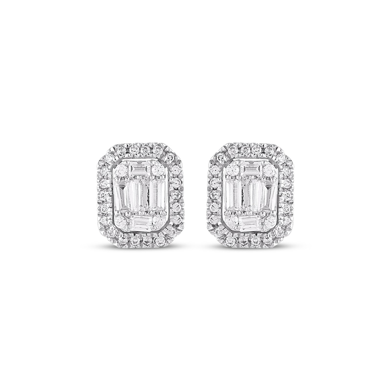 Main Image 2 of Baguette & Round-Cut Multi-Diamond Octagon Frame Stud Earrings 1/4 ct tw 10K White Gold