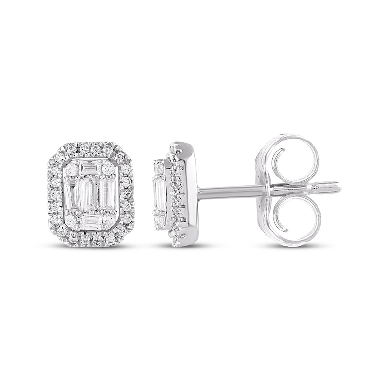 Main Image 3 of Baguette & Round-Cut Multi-Diamond Octagon Frame Stud Earrings 1/4 ct tw 10K White Gold