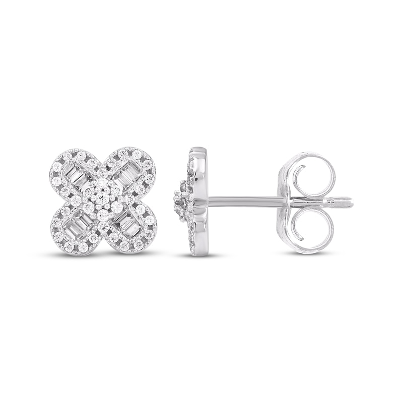 Main Image 3 of Baguette & Round-Cut Diamond Clover Stud Earrings 1/4 ct tw 10K White Gold