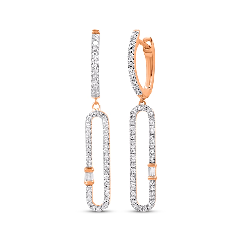 Main Image 1 of Baguette & Round-Cut Diamond Elongated Dangle Hoop Earrings 1/3 ct tw 10K Rose Gold