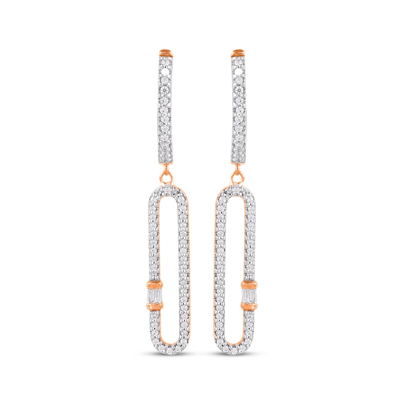 Main Image 2 of Baguette & Round-Cut Diamond Elongated Dangle Hoop Earrings 1/3 ct tw 10K Rose Gold