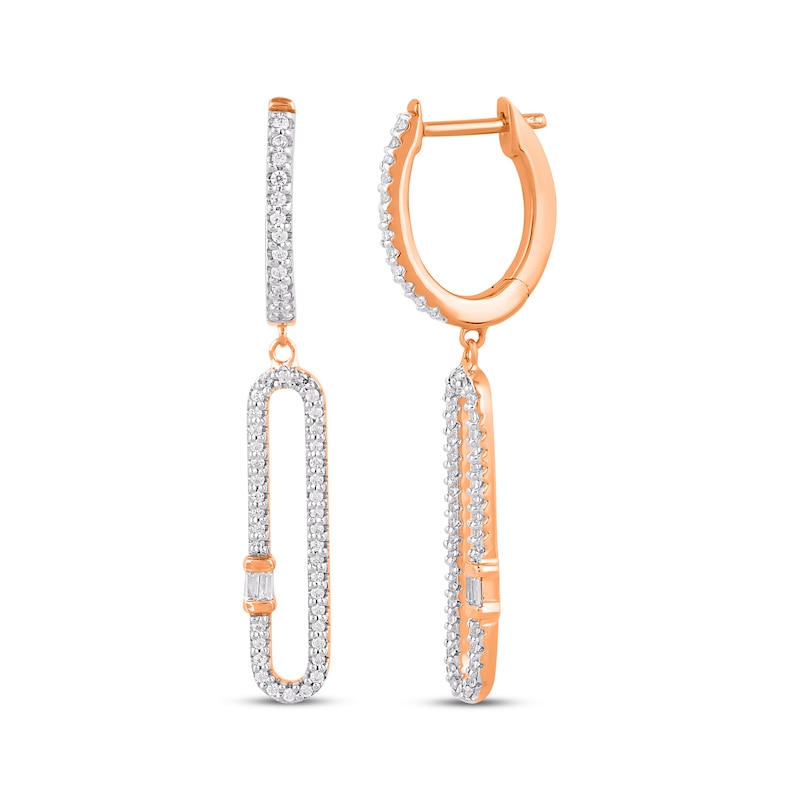 Main Image 3 of Baguette & Round-Cut Diamond Elongated Dangle Hoop Earrings 1/3 ct tw 10K Rose Gold