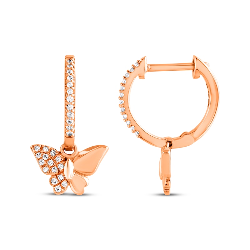 Main Image 3 of Diamond Butterfly Dangle Hoop Earrings 1/6 ct tw 10K Rose Gold