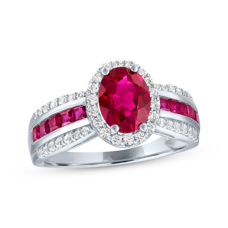 Main Image 1 of Oval-Cut Lab-Created Ruby & White Lab-Created Sapphire Halo Ring Sterling Silver