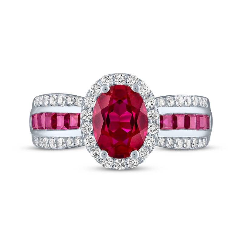 Main Image 3 of Oval-Cut Lab-Created Ruby & White Lab-Created Sapphire Halo Ring Sterling Silver