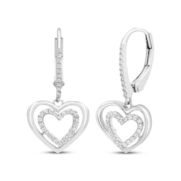 Believe in Love Diamond Double Heart Dangle Earrings 1/6 ct tw Sterling Silver