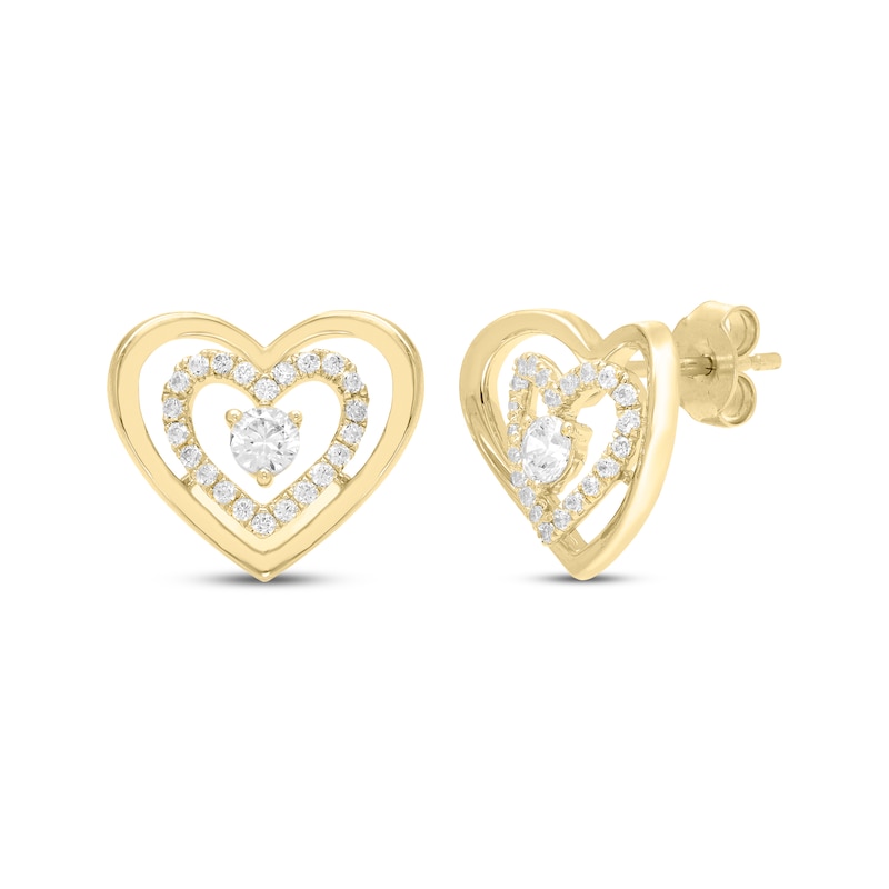 Main Image 1 of Believe in Love Diamond Double Heart Stud Earrings 1/2 ct tw 10K Yellow Gold