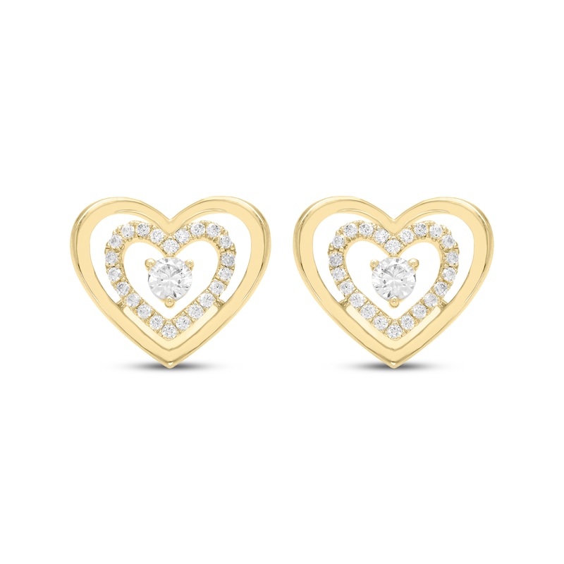 Main Image 2 of Believe in Love Diamond Double Heart Stud Earrings 1/2 ct tw 10K Yellow Gold