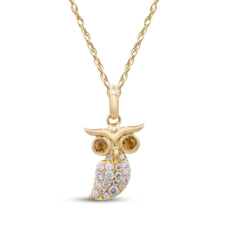 Citrine & Diamond Owl Necklace 1/8 ct tw 10K Yellow Gold 18"