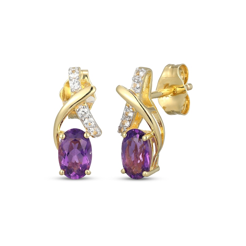 Main Image 1 of Oval-Cut Amethyst & White Lab-Created Sapphire Crossover Earrings 18K Yellow Gold-Plated Sterling Silver