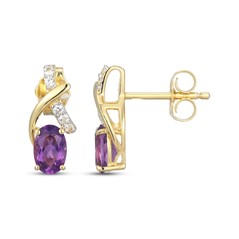 Main Image 3 of Oval-Cut Amethyst & White Lab-Created Sapphire Crossover Earrings 18K Yellow Gold-Plated Sterling Silver