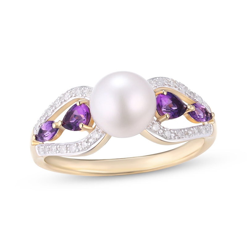 Main Image 1 of Cultured Pearl, Amethyst & Diamond Ring 1/8 ct tw 10K Yellow Gold