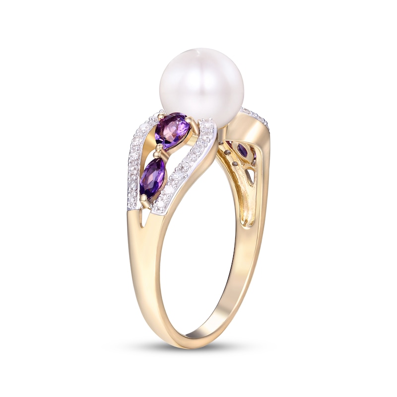 Main Image 2 of Cultured Pearl, Amethyst & Diamond Ring 1/8 ct tw 10K Yellow Gold