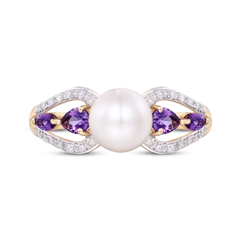 Main Image 3 of Cultured Pearl, Amethyst & Diamond Ring 1/8 ct tw 10K Yellow Gold