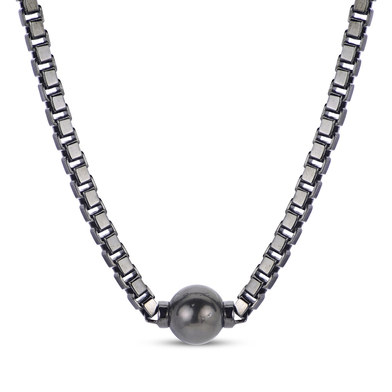 Main Image 1 of Men's Tahitian Cultured Pearl Box Chain Necklace Black Rhodium-Plated Sterling Silver 20&quot;