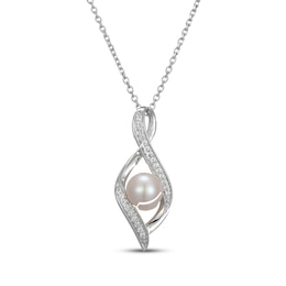 Cultured Pearl & White Lab-Created Sapphire Infinity Necklace Sterling Silver 18&quot;