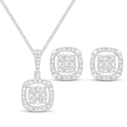 Multi-Diamond Cushion Halo Necklace & Earrings Gift Set 1/2 ct tw 10K White Gold