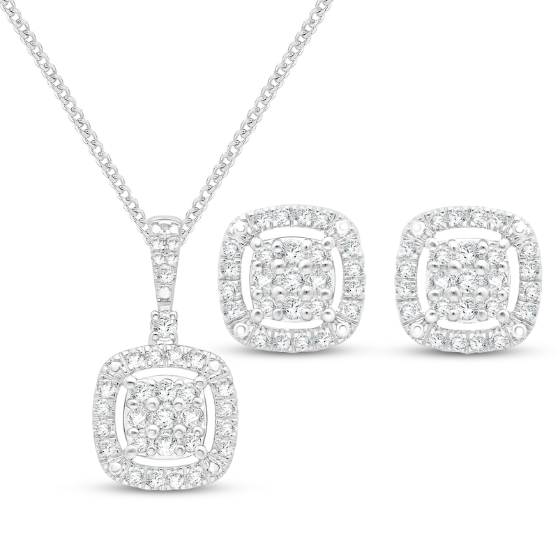 Main Image 1 of Multi-Diamond Cushion Halo Necklace & Earrings Gift Set 1/2 ct tw 10K White Gold