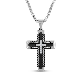 Men's Diamond Double Cross Necklace 1/8 ct tw Black Ion-Plated Stainless Steel 24&quot;