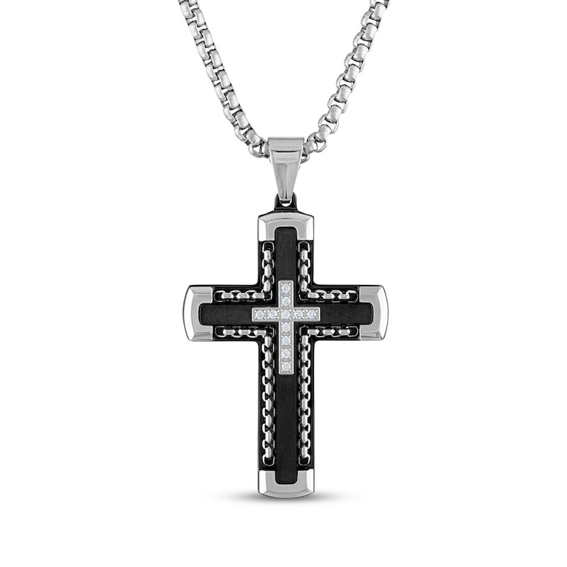 Main Image 1 of Men's Diamond Double Cross Necklace 1/8 ct tw Black Ion-Plated Stainless Steel 24&quot;