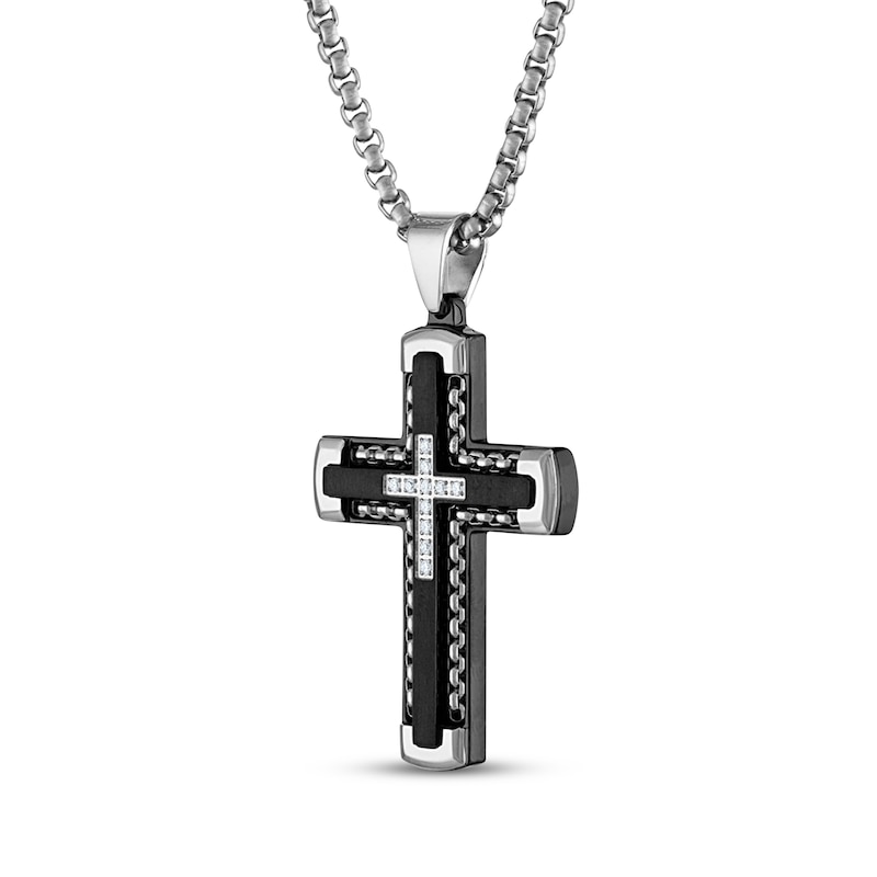 Main Image 2 of Men's Diamond Double Cross Necklace 1/8 ct tw Black Ion-Plated Stainless Steel 24&quot;