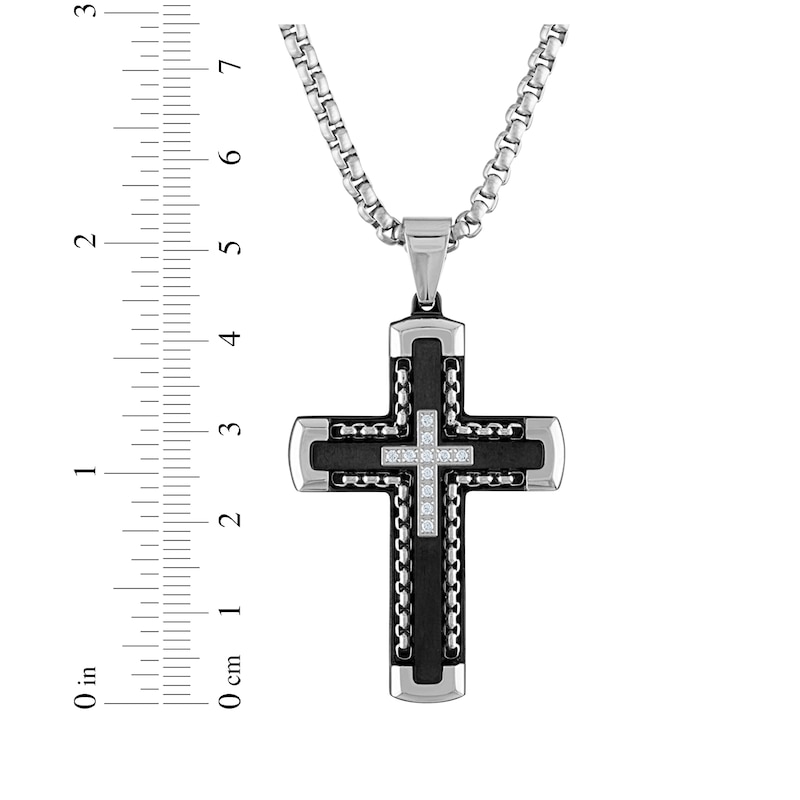 Main Image 3 of Men's Diamond Double Cross Necklace 1/8 ct tw Black Ion-Plated Stainless Steel 24&quot;