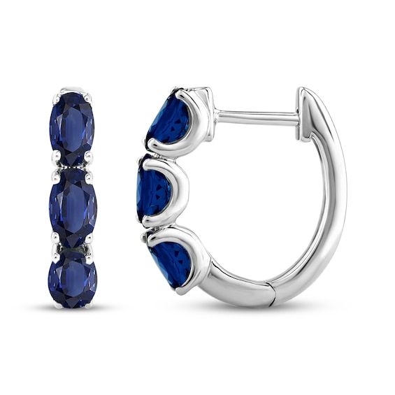 Oval-Cut Blue Lab-Created Sapphire Three-Stone Hoop Earrings