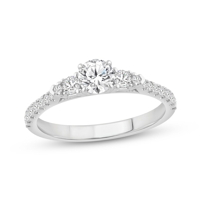 Main Image 1 of Memories Moments Magic Round-Cut Lab-Grown Diamond Three-Stone Engagement Ring 3/4 ct tw 14K White Gold