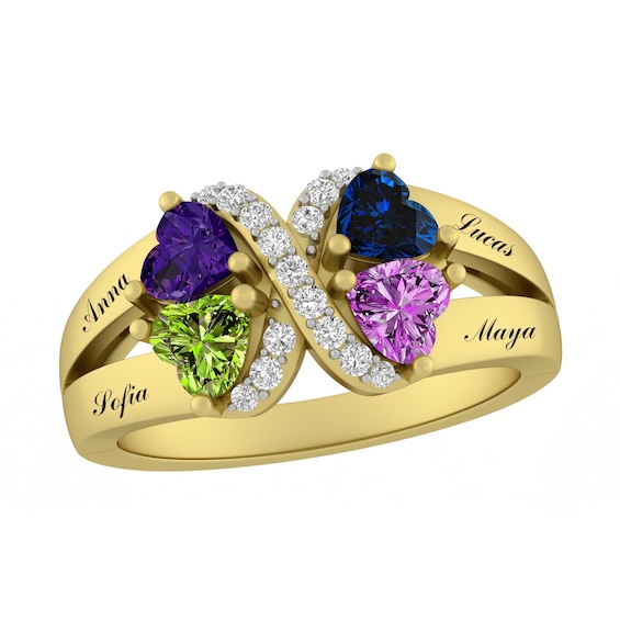 Birthstone Family & Mother's Heart Ring (4 Stones and Lines)