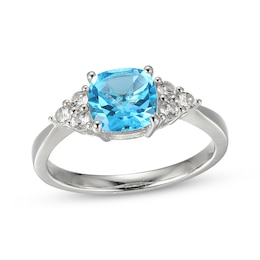 Cushion-Cut Swiss Blue Topaz & White Lab-Created Sapphire Ring Sterling Silver