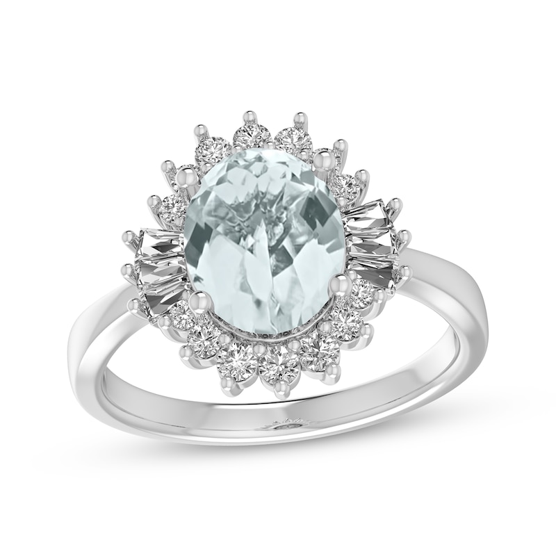 Oval-Cut Aquamarine & White Lab-Created Sapphire Starburst Ring Sterling Silver