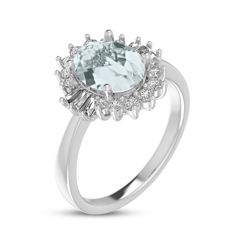 Oval-Cut Aquamarine & White Lab-Created Sapphire Starburst Ring Sterling Silver