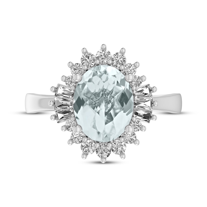 Oval-Cut Aquamarine & White Lab-Created Sapphire Starburst Ring Sterling Silver