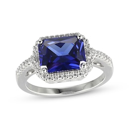 Emerald-Cut Blue & White Lab-Created Sapphire Ring Sterling Silver