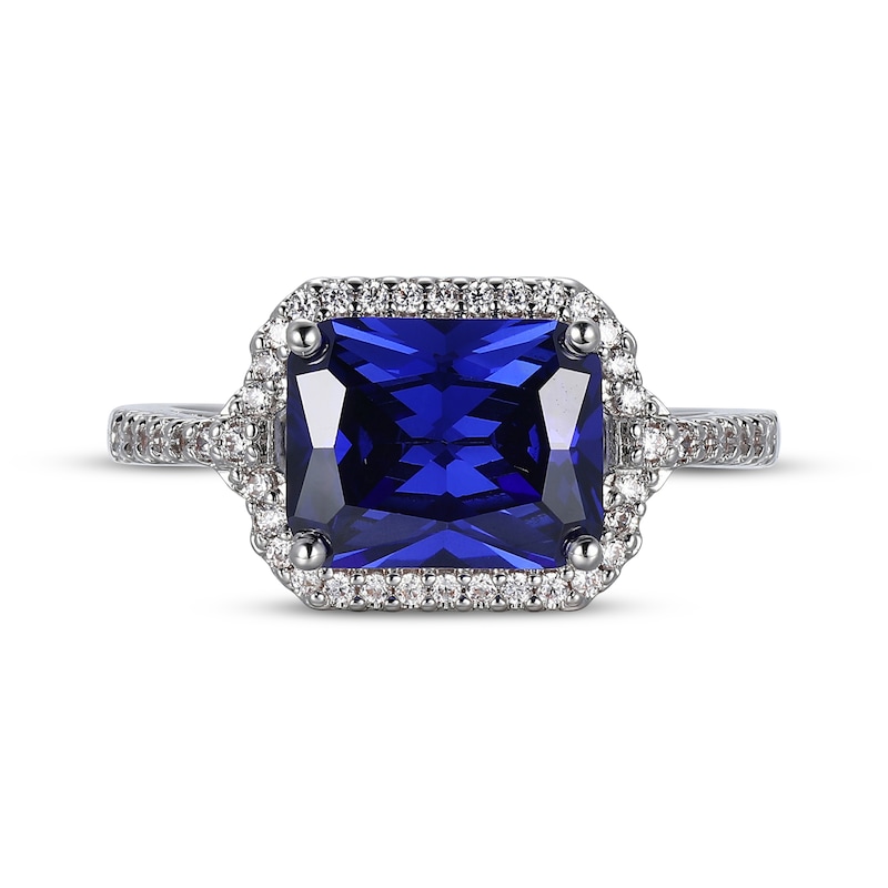 Emerald-Cut Blue & White Lab-Created Sapphire Ring Sterling Silver