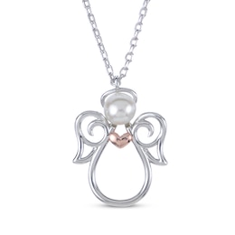 Cultured Pearl Angel with Heart Necklace Sterling Silver & 10K Rose Gold 18&quot;