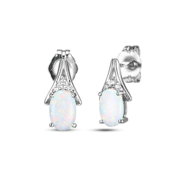 Oval-Cut Lab-Created Opal & White Lab-Created Sapphire Earrings Sterling Silver