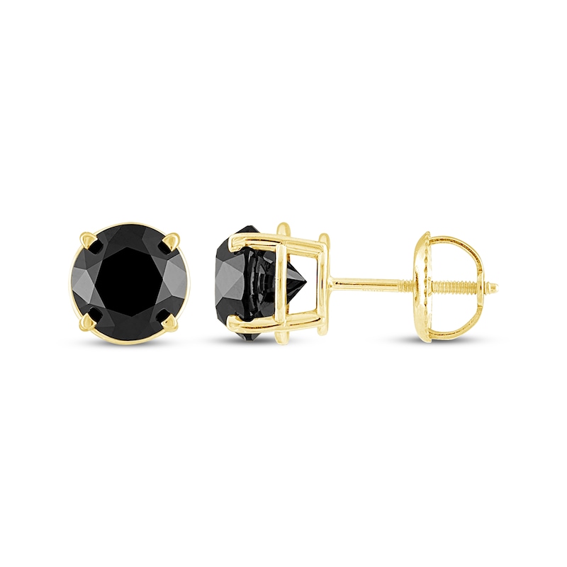 Main Image 3 of Round-Cut Black Diamond Solitaire Stud Earrings 3 ct tw 14K Yellow Gold (I3)