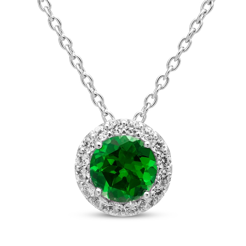 Main Image 1 of Lab-Created Emerald & White Lab-Created Sapphire Halo Necklace Sterling Silver 18&quot;